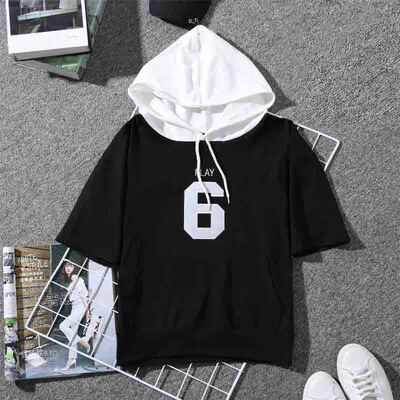 

Women Summer Harajuku Hooded Letter Embroidered tshirt Loose Short Sleeve Casual T-Shirt Simple Wild Tops Black White Patchwork