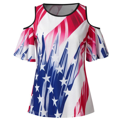 

Starmoon Womens Summer Sexy Off-Shoulder O-Neck American Flag Print T-Shirt Tops