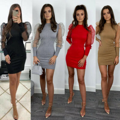 

Women Winter Slim Solid Puff Sleeve Knitted Sweater Bodycon Mini Jumper Dress