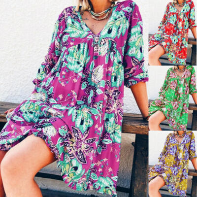 

Women Long Sleeve Summer Boho Printed Beach Casual Loose Mini Shirt Beach Dress