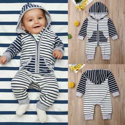 

US Newborn Baby Boy Striped Hooded Romper Bodysuit Jumpsuit Playsuit Clothes Set