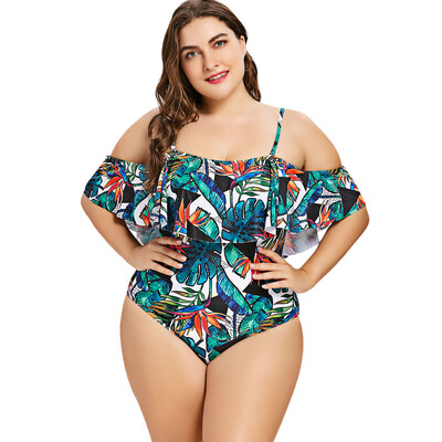 

Plus Size Flounce Leaf Print One Piece Swimsuit