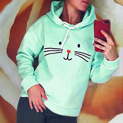 

Tailored Women Ladies Autumn Cat Print Long Sleeve Sweatshirt Hooded Pullover Tops Shirt