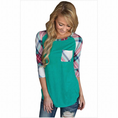 

Round neck cropped sleeve pocket plaid striped print casual straight top