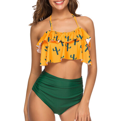 

Cactus Print Halter Flounce Bikini Set