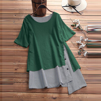 

Nomeni Womens Casual Button Splice Linen Blouse Short Sleeve Shirt Lattice Loose Tops