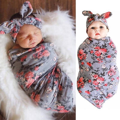 

Newborn Baby Kid Floral Swaddle Blanket Headband with Bow Receiving Blankets Set