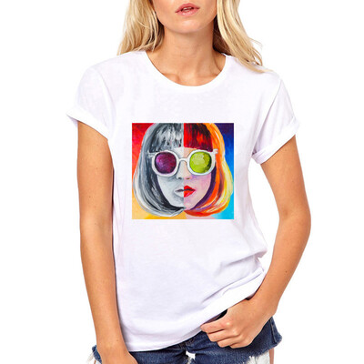 

Starmoon Women Cartoon Girl Print Round Neck Short Sleeved White T-shirt