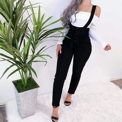 

Womens High Rise Solid Slim Jumpsuit Adjustable Strap Button Up Belted Trousers