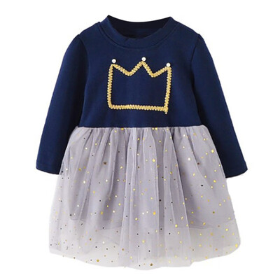 

Autumn Casual Baby Girls Cute Crown Pattern Long Sleeve Patchwork Sequins Mesh Dress Kids Sundress