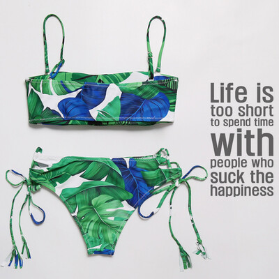 

Roseonmyhand Women Swimwear Bikini Set Print Leaves Push-Up Padded Bathing Swimsuit Beachwear