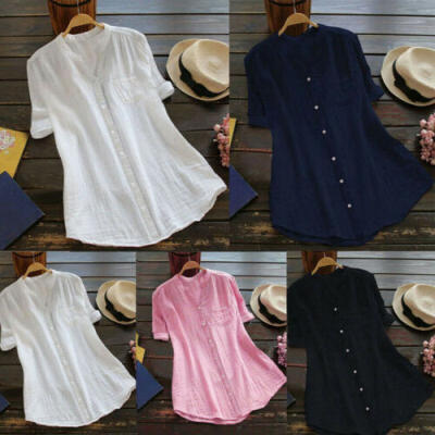 

NEW Womens Cotton Short Sleeve Tops Ladies Button Down Blouse Shirts T-shirt