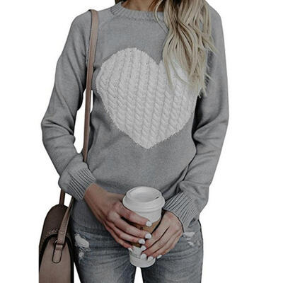 

Knitted Sweater Women Heart Pattern Slim O-Neck Pullovers Tops Jumper