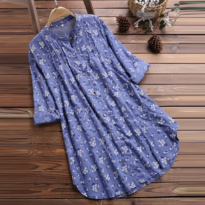 

Women Tops T-Shirt Pleated Flower Printed V-Neck Long Sleeve Casual Baggy Blouse