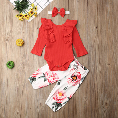 

Autumn Newborn Baby Kids Girl Outfits Romper TopsFloral PantsHeadband Set