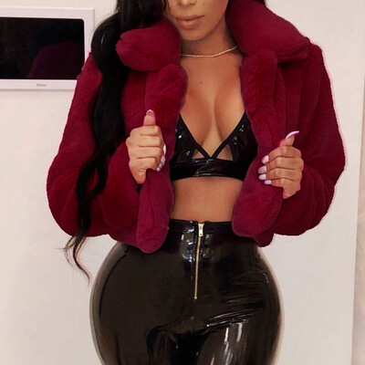 

Roseonmyhand Fashion Women Coat Fluffy Fleece Turn-down Collar Faux Fur Top Short Loose Coat