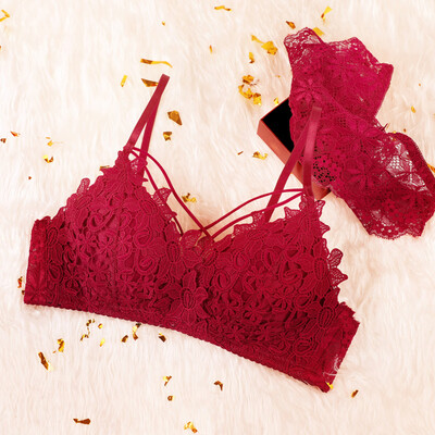 

Honey lattice sexy cross without rims lace girl bra set small chest gathered to receive the milk on the underwear women WN5016 wine red 80A