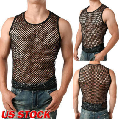 

US Mens Mesh Sheer T-shirt Gym Training Tank Top Sexy Fish Net Muscle Tee Vest