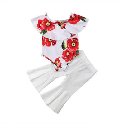

2pcs Kids Baby Girl Fashion Suit Off Shoulder Floral RomperFlared Pants Clothes