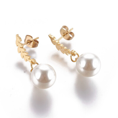 

304 Stainless Steel Dangle Stud Earrings with Plastic Imitation Pearl Branch&Leaves Golden 295mm Pin 08mm