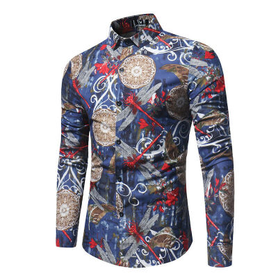 

Mens Flower Printed Shirts Luxury Long Sleeve Tops Tee Slim Fit Casual Blouse