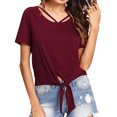 

Starmoon Womens Short Sleeve Tie Front Knot Casual Loose Fit Tee T-Shirt