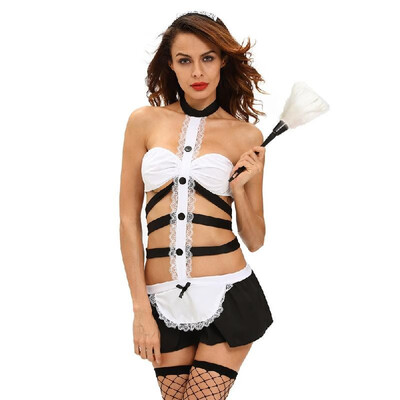 

Sexy Women 3pcs Halter Mini Dress Sleeveless Hollow Out Lace Splicing Masquerade Outfits With ThongHeadwear Cosplay Maid Costumes