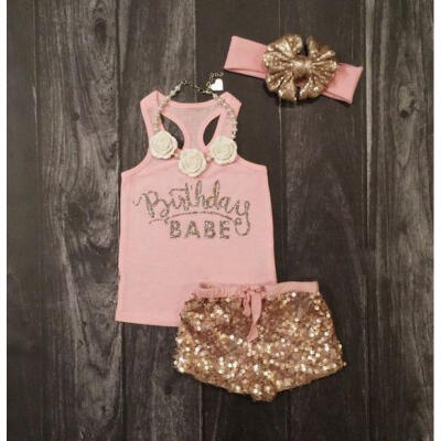 

Newborn Cute Baby Girls Cotton Tops Romper Sequin Pants Outfits 3Pcs Set Clothes