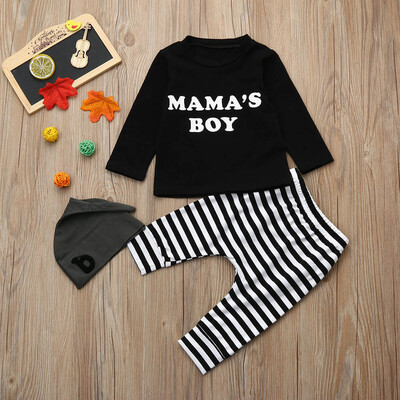 

Newborn Infant Baby Boy Letter T shirt TopsStriped Pants Hat 3Pcs Clothes Set