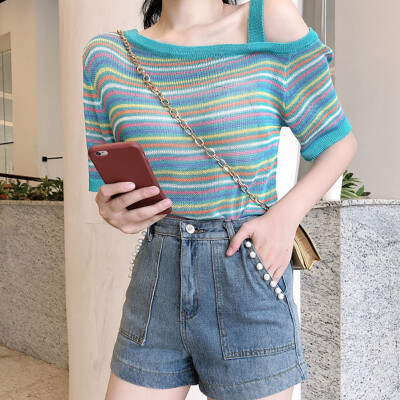 

Womens Casual Striped Off Shoulder Slim Short Sleeve Knitted T-Shirt