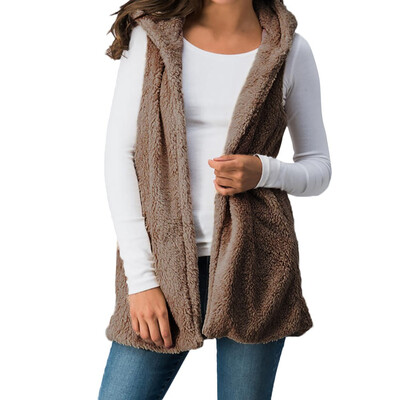 

Nomeni Women Lady Faux Fur Solid Hooded Outwear Sleeveless Pockets Warm Vest Waistcoat