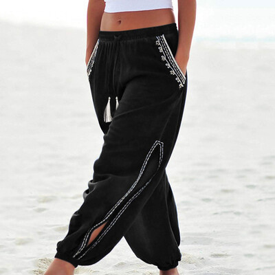 

Womens Beach Drawstring Side-Open Hallen Pants Broad-legged Pants