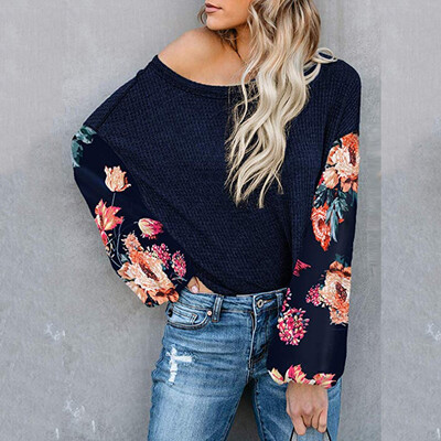 

Tailored Womens Floral Print Off The Shoulder V Neck Oversize Knit Shirt Tunic Tops Blous
