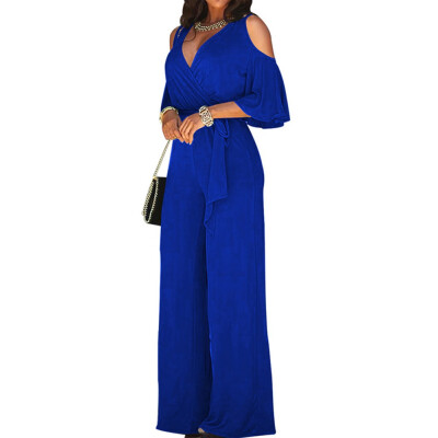 

Women Jumpsuit Short Sleeve V Neck Cold Shoulder Wide Leg Pants