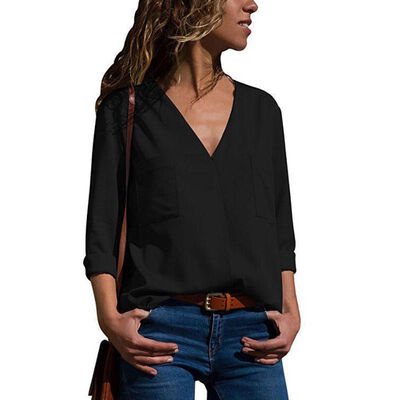 

Fashion Casual Solid Color V-neck Long-sleeved Double-pocket Shirt Shirt Female 2019 Breathable Shirt Top