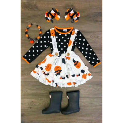 

Toddler Kid Baby Girl Costume Halloween Polka Dot Top Pumpkin Strap Skirt Outfit