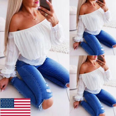 

Sexy Womens Off Shoulder Top Blouse Long Sleeve Casual Summer Loose T-shirt US