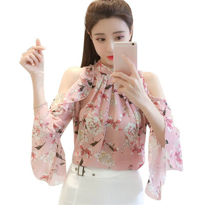 

Style Casual Women Chiffon Blouse Tops&Blouses Stand Collar Floral Print Cold Shoulder Flare Sleeve Women Tops