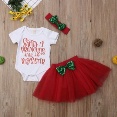 

3PCS Newborn Baby Girl Christmas Short Sleeve Rompers Party Pageant Tutu Skirt Sequins Headband XMAS Clothes Set