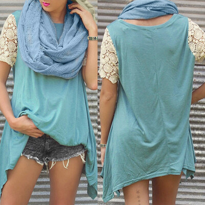 

Nomeni Women Irregular Hem Short Sleeved O-Neck Pullover Stitching Lace hook flower Top