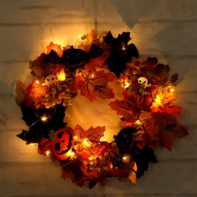 

Artificial Halloween Wreath Autumn Maple Leaf Pumpkin Berry Wreath Halloween Door Home LED Decor Front Door Hanging Garland