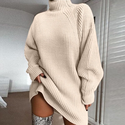 

Autumn Winter Women Fashion Casual Solid Color Sweater Dress Long Sleeve Stand Collar Turtleneck Loose