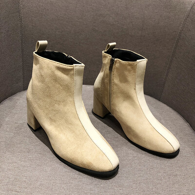 

Square head Chelsea short boots British style thin boots black Martin boots high heels thick heels