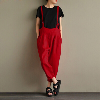 

Tailored Women Strap Overalls Pure Color Pockets Long Harem Pants Casual Cotton Trousers