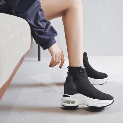 

Increased womens shoes in summer&autumn new elastic fly woven single shoes 8cm muffin bott