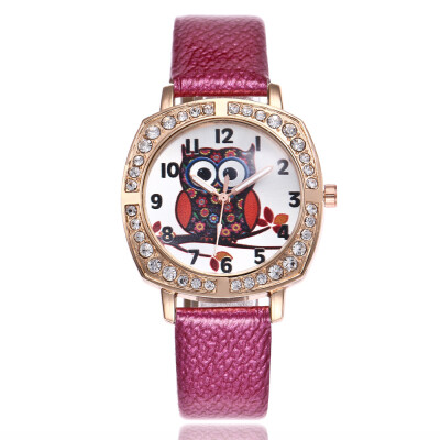 

Lady cute owl cartoon watch square dial with diamonds English table