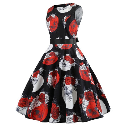 

Cross-border vintage dress winter Europe&America wild sleeveless skull print black ribbon waist large swing skirt 7160 black X