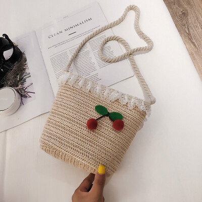 

2019 new cute cherry woven bag fashion temperament shoulder Messenger bag female casual wild shoulder bucket bag