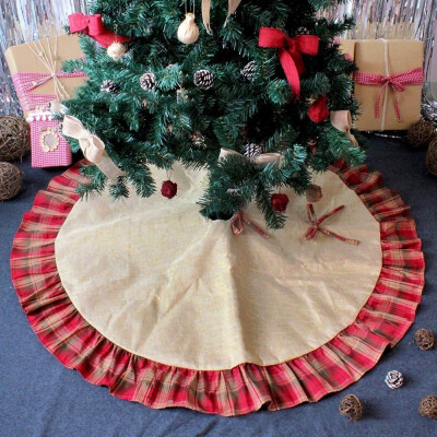 

48" Round Indoor Outdoor Mat Xmas Party Holiday Decorations Linen Burlap Christmas Tree Skirt Plaid Ruffle Edge Border Large