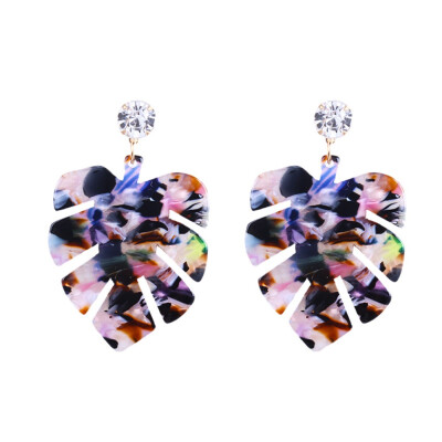 

Resin Dangle Earrings with Golden Tone Alloy Findings & Rhinestone Leaf Colorful 55x35mm